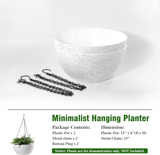 13 inch Large Hanging Planters Plant Pots for Outdoor Indoor Plants with Drainage Holes and Chain, 2 Pack Round Hanging Flower Pots for Garden Home Porch Decor, Speckled White-Ruum Studio Home