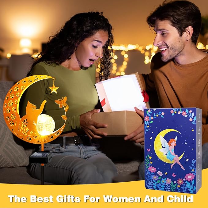 YJFWAL Garden Solar Cat Lights Pathway Stake Lights Glass Globe with Moon Cat Decor, Gifts for Mom Grandma Friends, Outdoor Decor Light Waterproof for Walkway, Yard, Patio or Garden (Warm White)-Ruum Studio Home