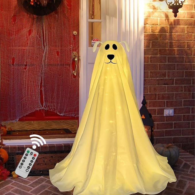DAZONGE Halloween Decorations, Light-Up Freestanding Spooky Ghost Dog with Remote String Lights Battery Operated, Halloween Ghost Dog for Front Door Porch Yard Lawn Home Party-Ruum Studio Home