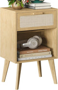 Rattan Nightstand with Opening Storage,Boho Bedside Table with Drawer,Wood Nightstand with Solid Wood Legs,End Side Table for Living Room,Bedroom,Small Space Natural CTG62Y-Ruum Studio Home