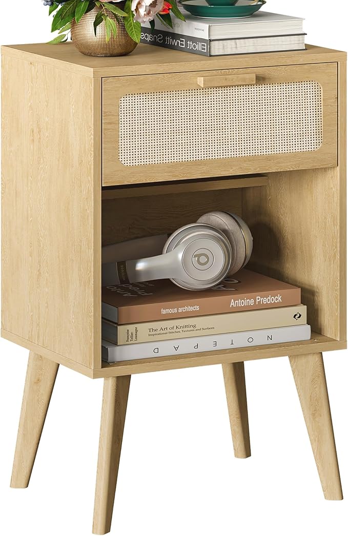 Rattan Nightstand with Opening Storage,Boho Bedside Table with Drawer,Wood Nightstand with Solid Wood Legs,End Side Table for Living Room,Bedroom,Small Space Natural CTG62Y-Ruum Studio Home