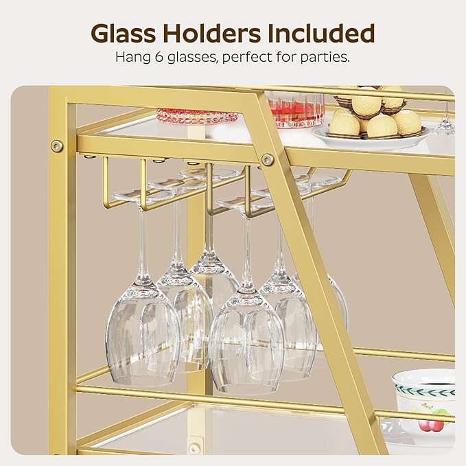 Bar Cart, 3-Tier Bar Cart for The Home, Home Bar Serving Cart with Glass Holders, Beverage Cart for Kitchen, Dining, Party Room, Gold BC03GD-Ruum Studio Home