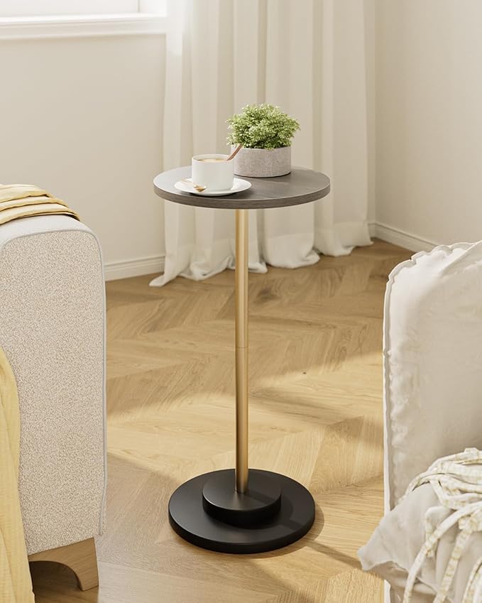 Masupu Drink Table, Round Side Table for Small Spaces, Pedestal Side Table, Small End Table with Metal Base, for Living Room, Bedroom, Bathroom, Grey-Ruum Studio Home