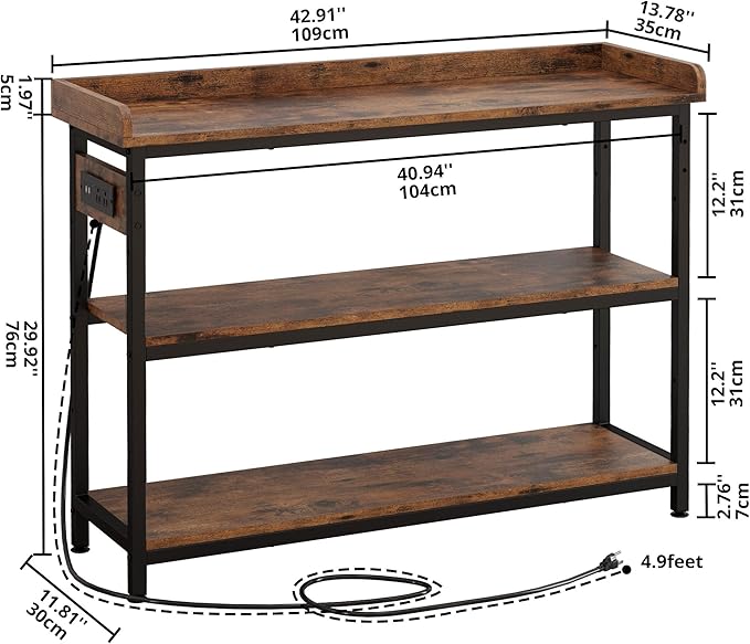 IRONCK Console Table, Sofa Table with Power Outlet, Farmhouse Hallway Table for Entryway, Living Room, Height Adjustable, Easy Assembly, Rustic Brown, 43"-Ruum Studio Home
