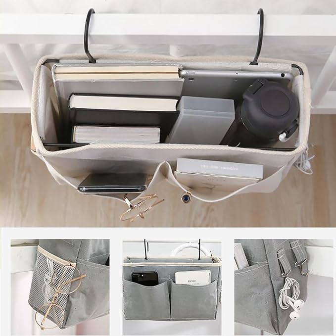 2-Pack Bedside Caddy, Bedside Hanging Storage Organizer for College Dorm Beds, Bunk Beds and Hospital Beds Rails, The Hanging Basket Can be Placed Magazine, Books, Phones,kettle, Glasses (Grey)-Ruum Studio Home