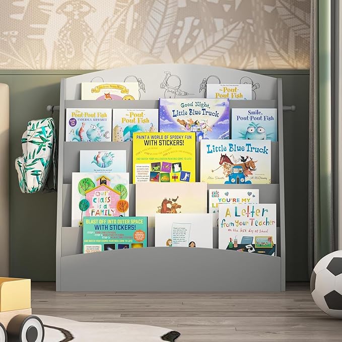 5-Tier Kids Bookshelf Montessori Toddler Book Rack Baby Bookcase Floor Front Facing Magazine Display Shelf for Bedroom Playroom Nursery Classroom Kindergarten Wood (Gray)-Ruum Studio Home