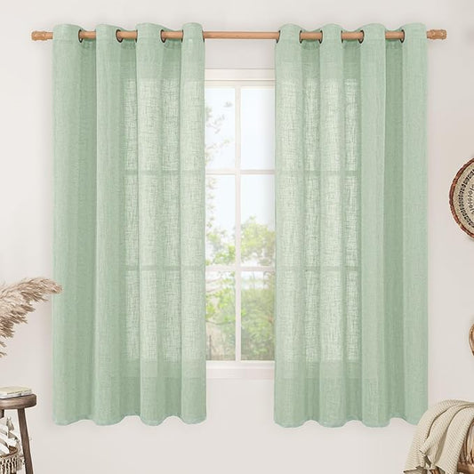 LAMIT Sheer Linen Curtains 63 Inch for Bedroom, Light Filtering Neutral Semi Sheer Farmhouse Boho Curtains Bronze Grommet Living Room Panels, Fresh Green, 2 Panels, 52 x 63 Inch-Ruum Studio Home