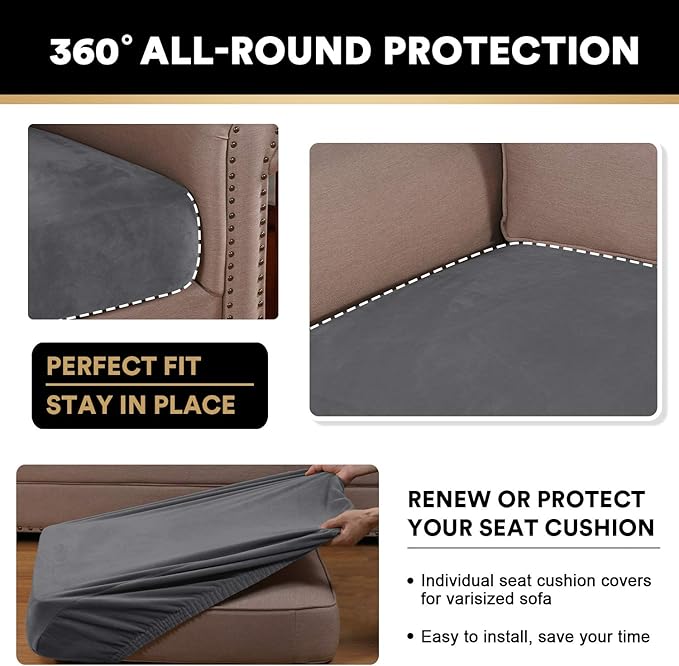 PrinceDeco Stretch Velvet Couch Cushion Covers for Individual Cushions Sofa Cushion Cover Seat, Sofa Covers Washable, Couch Seat Cushion Covers for Sectional (2 Pieces, Grey)-Ruum Studio Home