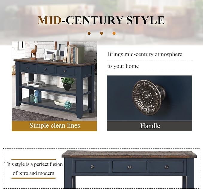 Solid Wood Console Table Sofa Table with Storage Drawers and Bottom Shelf Entryway Table for Entry Hallway Foyer Sofa Couch Table Fully Assembled (48.8" Blue)-Ruum Studio Home