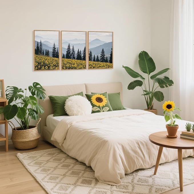 HPINUB Boho Sunflowers Landscape Framed Canvas Wall Art Set,Nature Pine Tree Wall Decor,Abstract Flowers Artwork Rustic Mountain Misty Forest Art Print for Living Room,Bedroom,Office-16 x24 x3-Ruum Studio Home