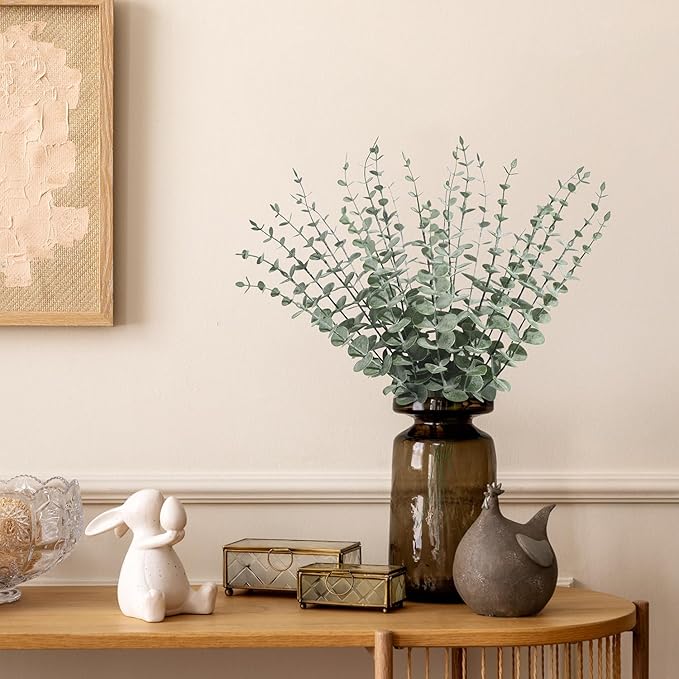 24Pcs Faux Eucalyptus Stems, 15" Artificial Eucalyptus Plants with White Frosted Coating, Fake Eucalyptus Decor Plastic Greenery Leaves for Wedding Bouquets Home Decor DIY Floral Arrangements-Ruum Studio Home