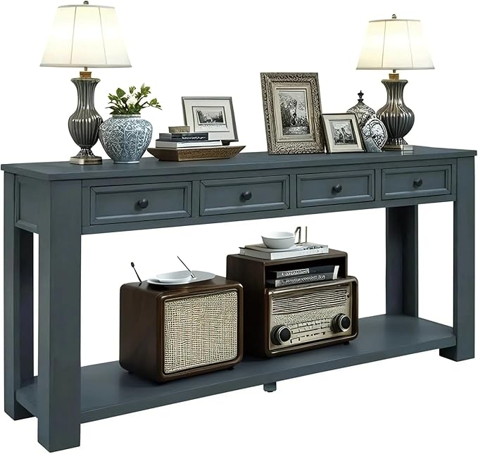 Solid Wood Console Table, Long Sofa Table Entryway Table with 4 Drawers and Bottom Shelf for Hallway Living Room Couch Table,Fully Assembled (63" Navy)-Ruum Studio Home