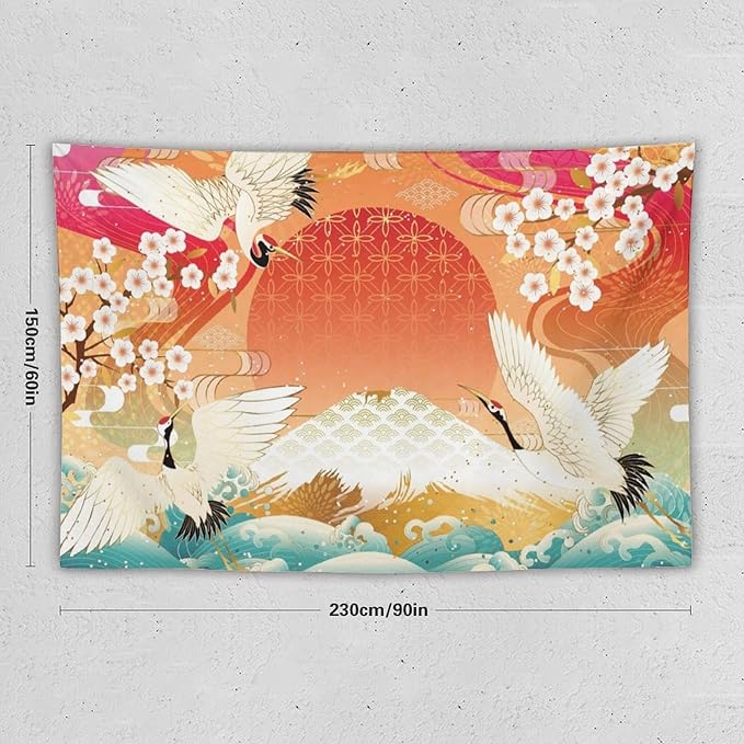 HZOHNAGO Japanese Tapestry Cherry Blossom Crane Sea Wave Fuji Mountain Red Sun Pattern Printed Wall Tapestry Painting Wall Hanging for Bedroom Living Room Dorm 90" W x 60" H-Ruum Studio Home