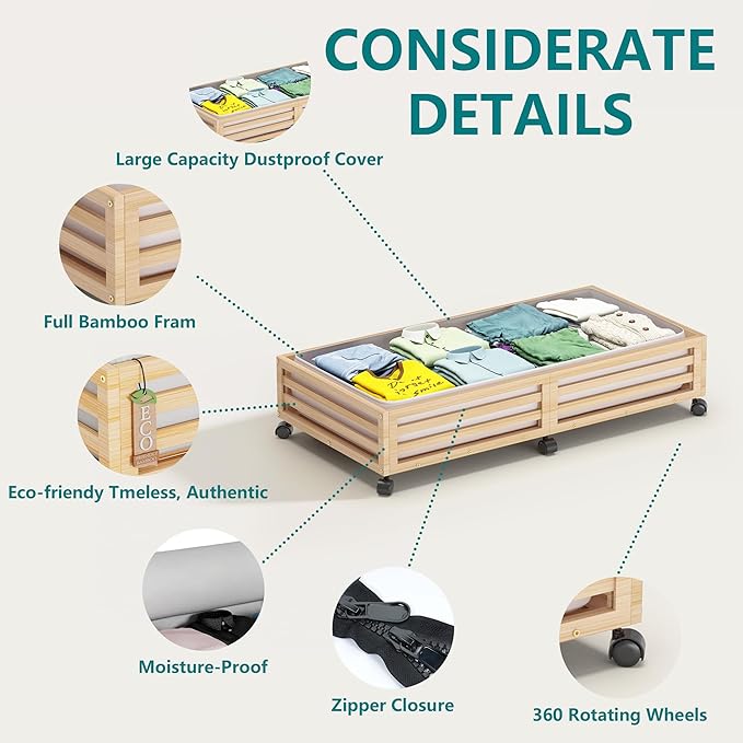 Bamboo Under Bed Storage Containers- Underbed Organizer with Wheels with Large Dust Bag,Sturdy Wood Rolling Under the Bed Shoe Storage Organizer Drawer 2 Packs (Nature, Long)-Ruum Studio Home