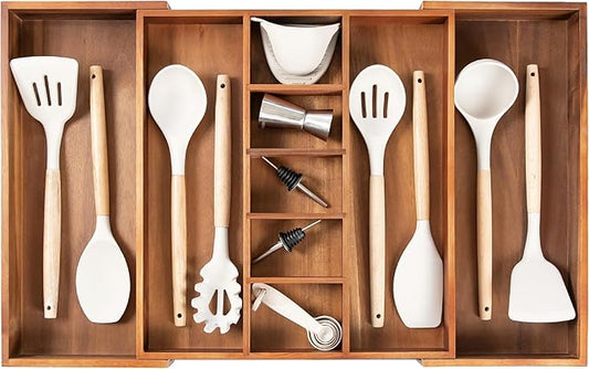 Adjustable Kitchen Drawer Organizer for Utensils and Junk, Food-Safe Contract Grade with 100% Sustainable Wood, Non-Slip, Expandable from 16" to 28" Wide - Natural Acacia-Ruum Studio Home