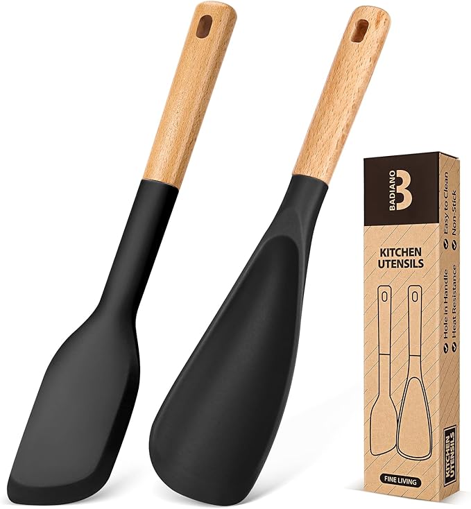 Cooking Spoon and Scraper for Nonstick Cookwares, Great for Cooking and Serving Durable BPA-Free Matte Silicone, Wood Handle Multifunction Spoon for Mixing, Scoop, and Scrape (BLACK)-Ruum Studio Home