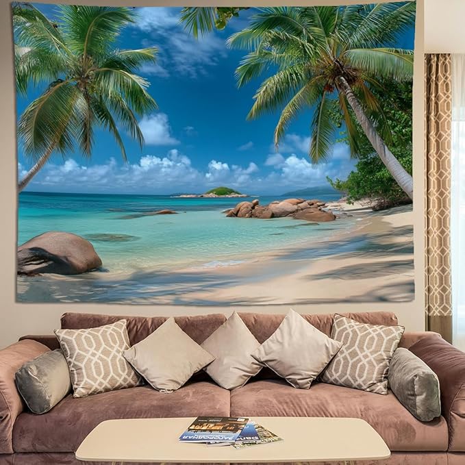 keowhsf Beach Summer Ocean Tapestry – Tropical Palm Trees Wall Hanging Decor with Blue Sky and Seaside Scenery, Nature Landscape Tapestry for Bedroom Living Room Dorm-Ruum Studio Home
