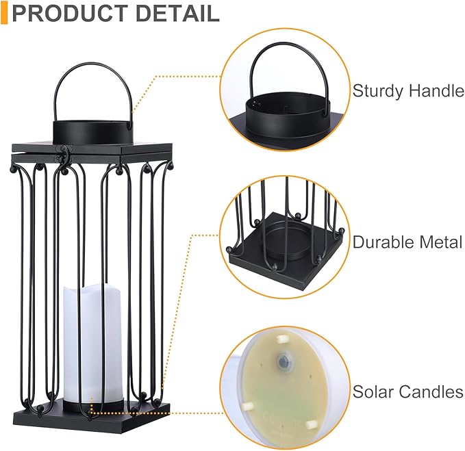 Solar Lantern Decorative Outdoor Set of 2 (18’’ & 15’’) Modern Black Metal Lanterns with Solar Candles, Decorative Candle Lanterns for Outdoor Porch, Patio, Garden, Yard Decor-Ruum Studio Home