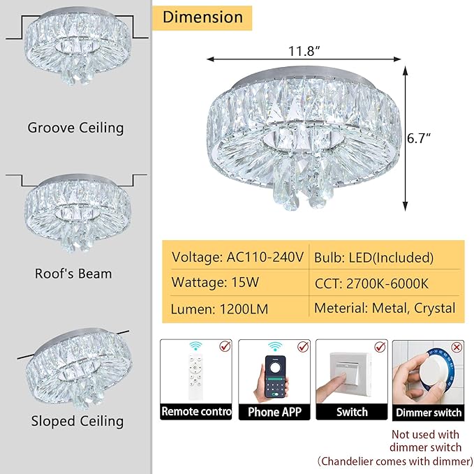 Mini Chandelier Modern Crystal Chandeliers for Hallway Light Fixture LED Flush Mount Ceiling Light Dimmable Lamp for Dining Room Living Room Bedroom-Ruum Studio Home