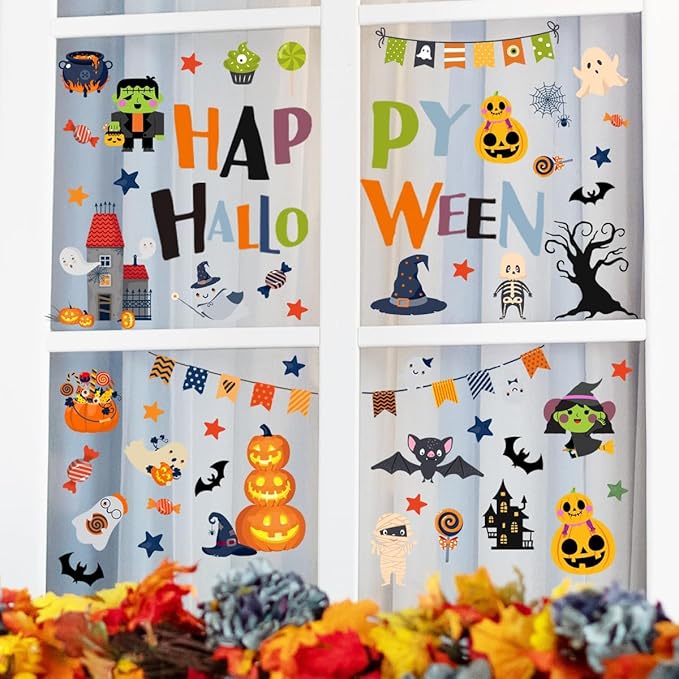 10 Sheets Halloween Window Clings Halloween Window Stickers Decorations Double-Sided Removable Castle Pumpkin Bat Glass Window Decals, Happy Halloween Window Clings for Kids Party Decorations-Ruum Studio Home