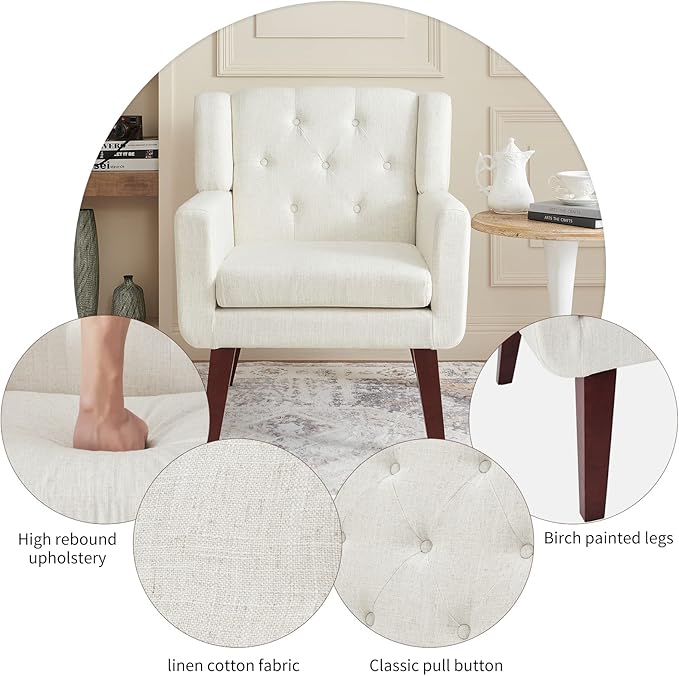 Living&Giving Accent Chair Button-Tufted Upholstered Living Room Chairs Comfy Reading Mid Century Modern with Linen Fabric Lounge Arm for Bedroom (Beige) 29.33D x 28.94W x 34.65H Inch-Ruum Studio Home