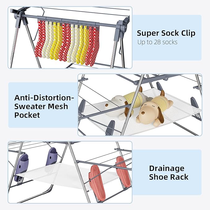 Clothes Drying Rack, Foldable 2-Level Laundry Racks for Drying Clothes Rack,Stainless Steel Drying Rack Clothing Collapsible for Indoor Outdoor,with Height-Adjustable Wings,33 Drying Rails,Gray-Ruum Studio Home
