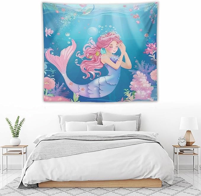 HZOHNAGO Mermaid Girls Tapestry Watercolor Flowers Mermaid Princess Blessing Pattern for Kids Room Decoration Printed Wall Tapestry Wall Hanging for Bedroom Living Room Dorm 60" W x 50" H-Ruum Studio Home