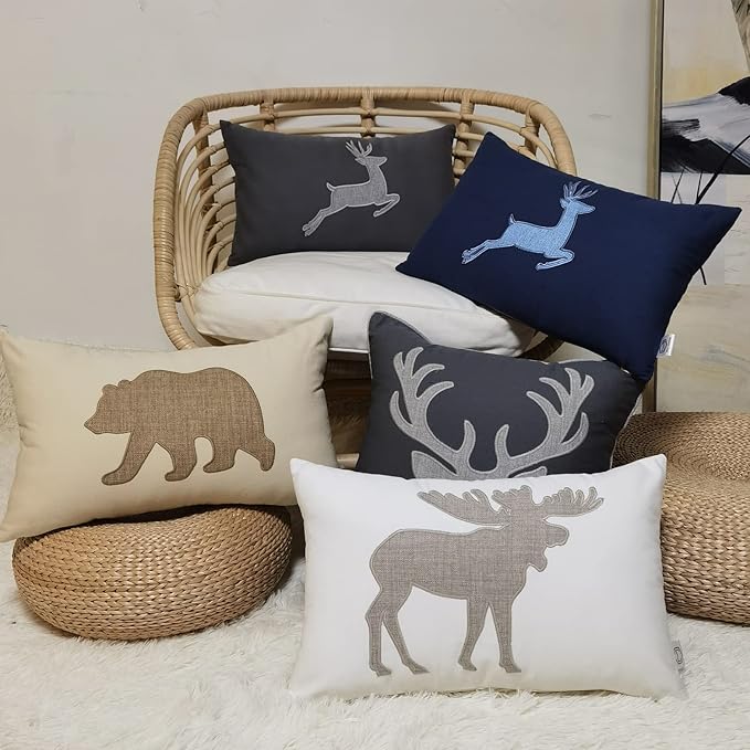 Lumbar Pillow Covers 12x20 Inches Moose Decorative Cotton Linen Throw Lumbar Waist Embroidered Cushions Covers for Couch Sofa Bedroom (White)-Ruum Studio Home