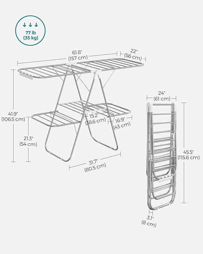SONGMICS Clothes Drying Rack, Foldable 2-Level Laundry Drying Rack, Free-Standing Laundry Airer, with Height-Adjustable Wings, 33 Drying Rails, Sock Clips, Silver and White ULLR053W01V1-Ruum Studio Home