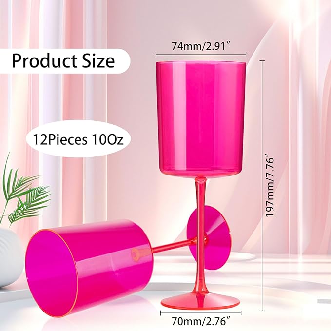 Ciaell 12 Pack Plastic Wine Glasses - 10Oz Hot Pink Plastic Wine Glasses With Stem - Disposable Stemmed Cups for Parties & Weddings-Ruum Studio Home