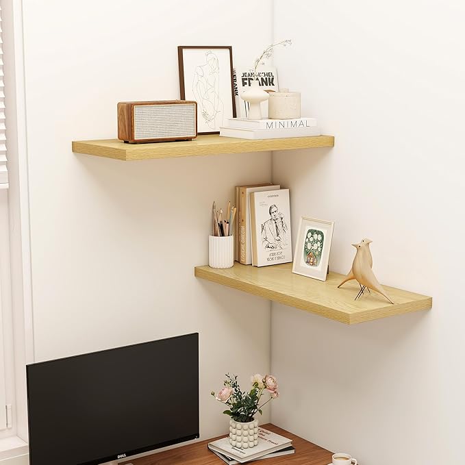 32" Floating Shelves for Wall, 12" Deep Slim Oak Floating Shelves, Wall-Mounted Shelves for Bedroom, Living Room, Kitchen, Bathroom - Set of 2-Ruum Studio Home
