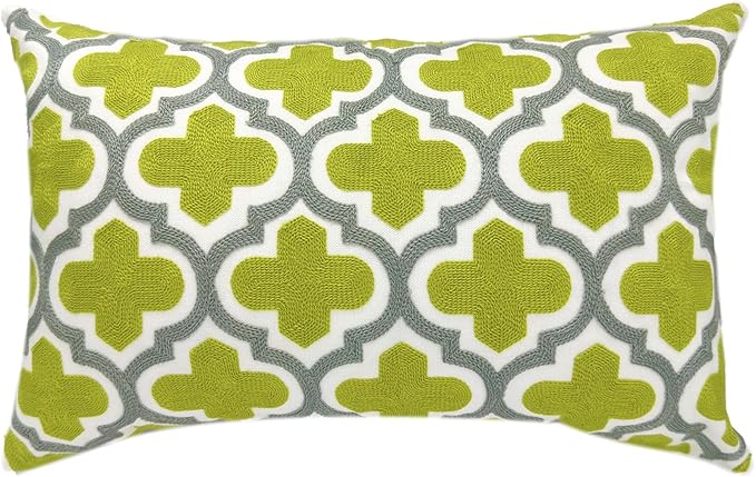Alysheer Embroidered Lumbar Decorative Throw Pillow Cover 12"x 20", Classic Boho Geometric Embroidery Pattern Cotton Rectangular Cushion Case for Sofa Couch Living Room Bedroom(Green Grey)-Ruum Studio Home