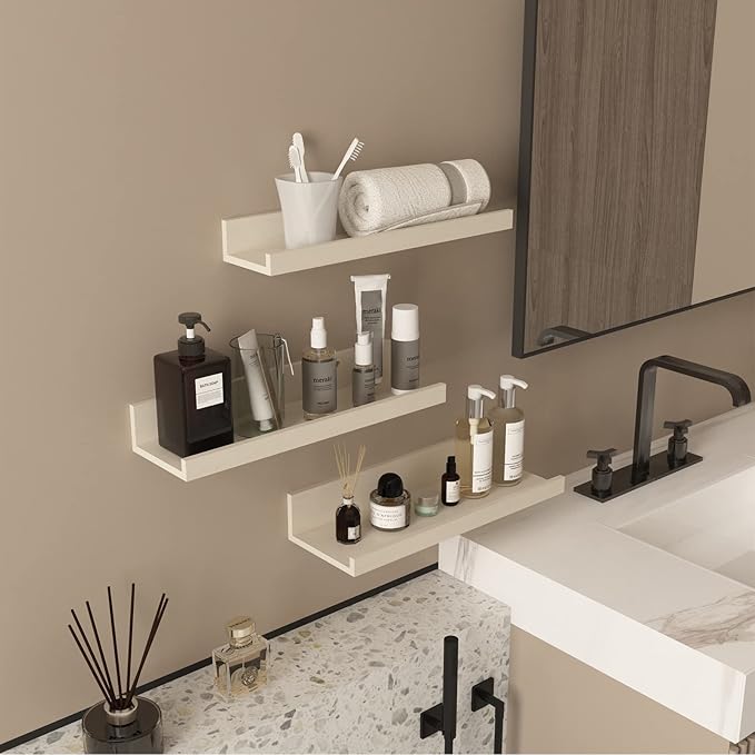 Giftgarden 16 Inch Floating Shelves Wall Mounted, Creamy White Beige Wood-Grain Wooden Ledge Shelf for Bathroom Bedroom Living Room Kitchen Nursery, Set of 3 Different Sizes-Ruum Studio Home