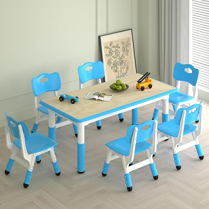 Kids Study Table and 6 Chairs Set,Height Adjustable Table and Chairs for Children and Toddlers,47.2"X23.6"Graffiti Desktop,Suitable for Daycare,Classrooms, Home-Ruum Studio Home