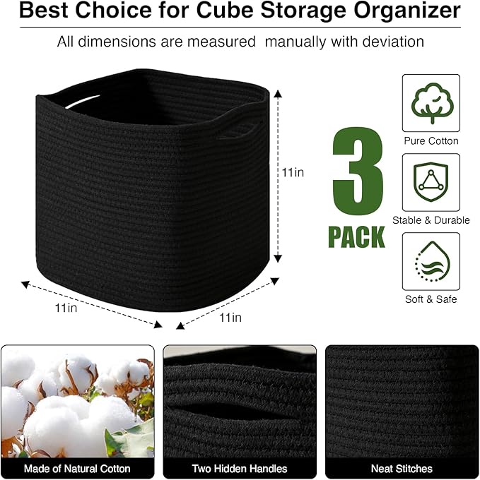 11 Inch Cube Storage Bins, Storage Cube Organizer Bins, Woven Cotton Rope Basket for Storage, Storage Baskets for Organizing Shelves, Square Baskets for Toys, Black (Pack of 3)-Ruum Studio Home