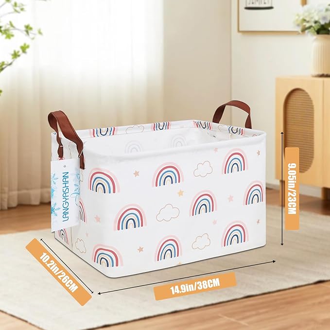 LANGYASHAN Rectangular Storage Bin Collapse Canvas Fabric Cartoon Storage Basket with Handles for Organizing Home Kitchen Boys and Girls Toys Office Closet Shelf Baskets(Rec Cloud Rainbow)-Ruum Studio Home