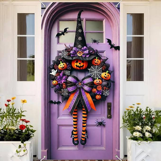 Halloween Witch Wreath Door Cover 71x35 Inch Holiday Front Porch Door Banners Decoration Purple Pumpkin Spider Web Bat Background Hanging Banner for Indoor Outdoor Spooky Party Decor-Ruum Studio Home