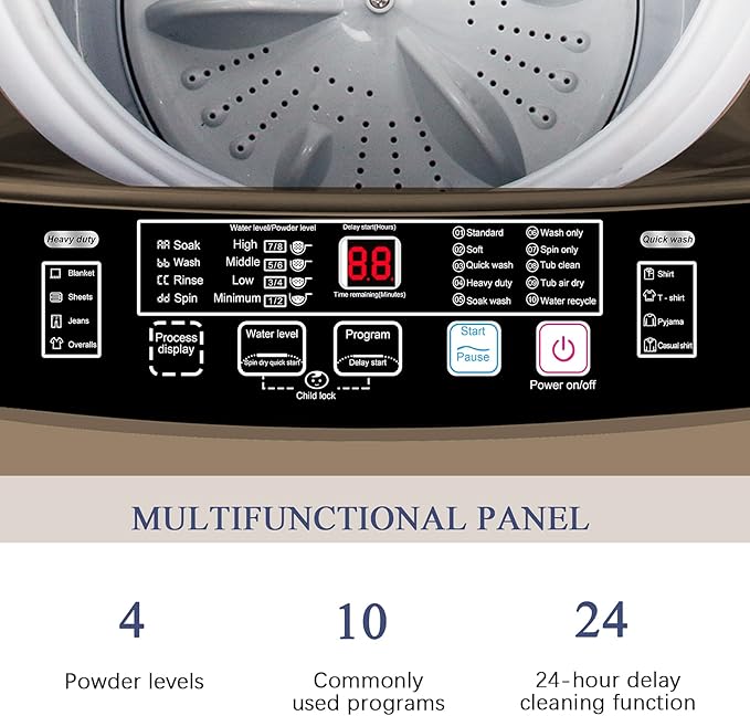 Full Automatic Washing Machine with LED Display, 17.7 lbs Portable Washer Drain Pump, 10 Programs & 8 Water Levels Selections, Ideal for RV, Camping, Apartment, Dorm, Gold-Ruum Studio Home