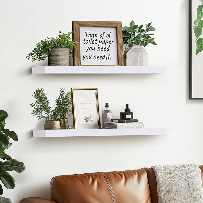24"x6.8"x1.2" Solid Wood Floating Shelves 2-Pack - Rustic White Finish with Hidden Brackets, Perfect for Storage and Décor in Living Room, Kitchen, Bedroom-Ruum Studio Home