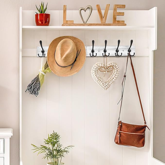 IBosins Wall Mounted Coat Rack, 31.4'' Long, Rustic Wood & Aluminum Coat Rack with 8 Black Tri-Hooks for Coat, Bag, Towel, Key, Hat, Umbrella-Ruum Studio Home