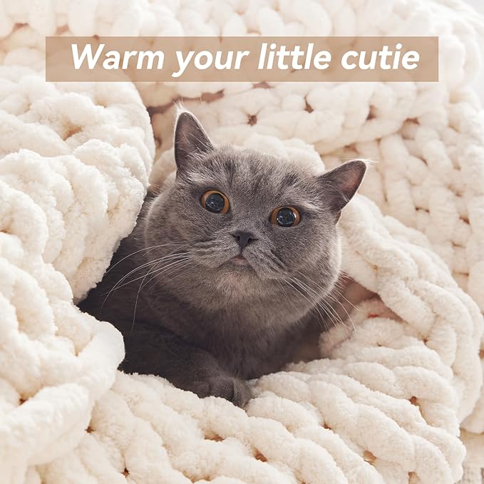 Chunky Knit Throw Blanket, 40''*50'' Knitted Throw Chenille Yarn for Bed Couch, Handmade Cream Crochet Big Thick Blanket, Machine Washable Cute Comfy Blanket for Home Decor-Ruum Studio Home