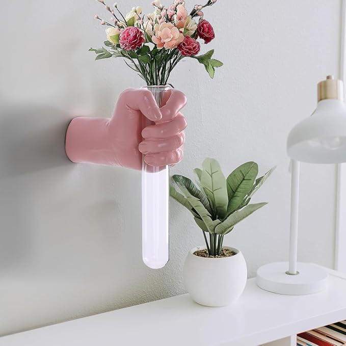 Pink Wall Sculpture,Wall Art Bedoroom,Hand Vase,Funky Flower Vase Decorations,Unique Wall Statue,Home Decor Art-Ruum Studio Home