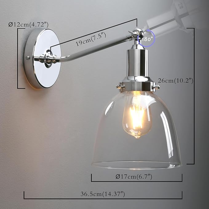 PERMO Industrial Vintage Wall Sconce Chrome Wall Sconce with 6.7" Oval Dome Clear Glass Shade Light Lamp Fixture-Ruum Studio Home