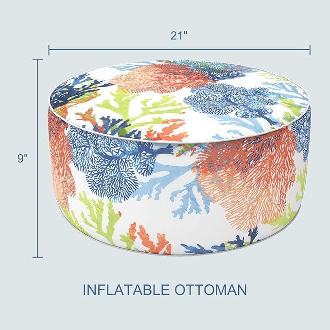 LVTXIII Outdoor Inflatable Ottoman, Patio Fade-Resistant Footrest Stool with Handle, Portable Round Ottoman Pouf for Patio Garden, Camping or Home Use, 21"x21"x9", Coral Multi-Ruum Studio Home