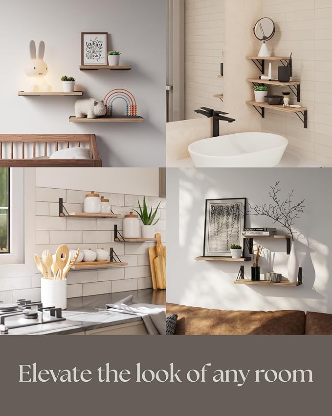 BAYKA Wall Shelves for Bedroom Decor, Floating Wall Shelves for Living Room Kitchen Storage, Wall Mounted Rustic Wood Floating Shelves for Kids Books, Corner Shelves for Bathroom(Brown，Set of 3)-Ruum Studio Home