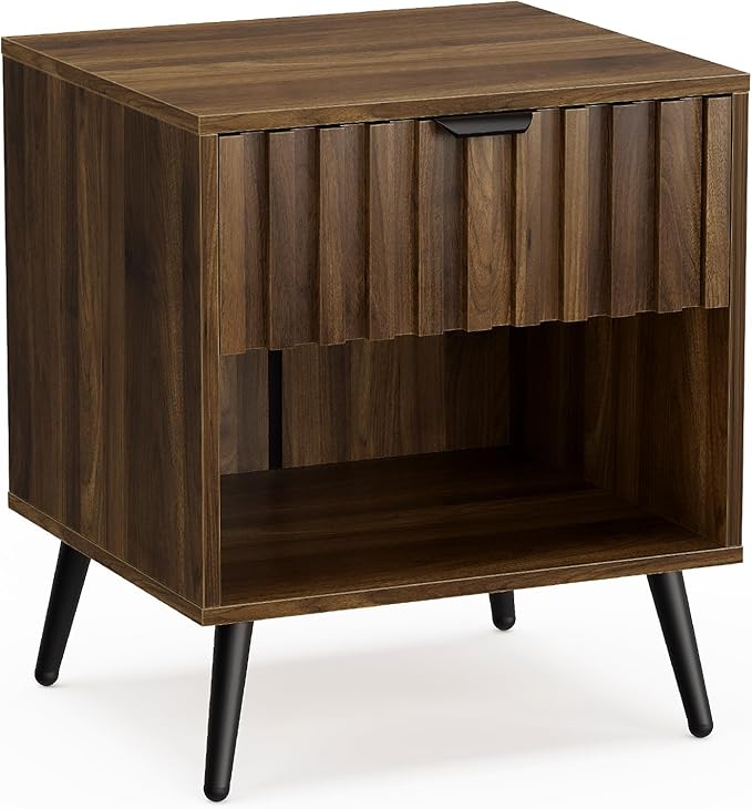 Smuxee Walnut Wooden Night Stand, Mid Century Nightstand with Fluted Drawer, Bedside Table with Open Shelf, Modern End Side Table for Bedroom-Ruum Studio Home