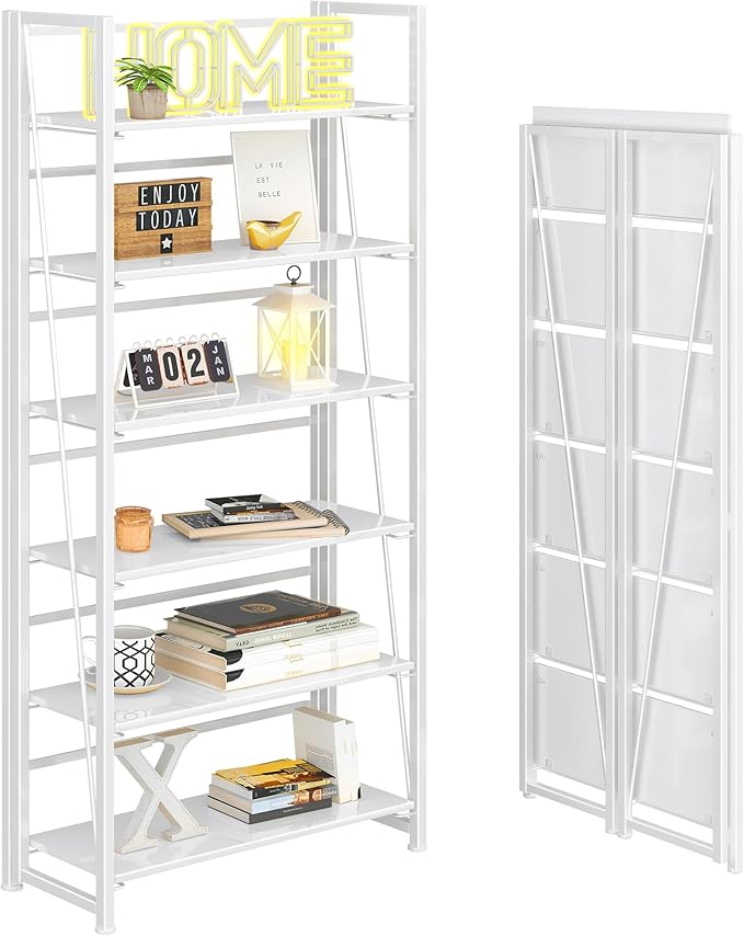 4NM No Assembly Foldable Bookshelf, 6-Shelf Collapsible Bookcase Storage for Small Spaces, 74" H, All White-Ruum Studio Home
