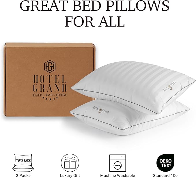 Hotel Grand Softy-Around Feather Down Pillows King Size Set of 2 Packs White Strip 100% Cotton Fabric Bed Pillows for All Position Sleepers,36"x20"/2 Packs-Ruum Studio Home