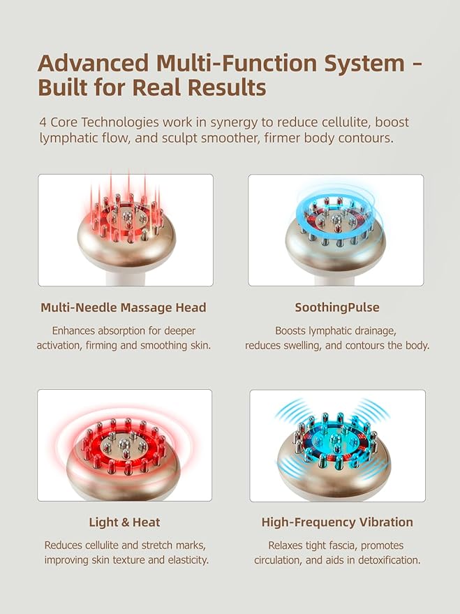 Lymphatic Drainage Massager & Anti Cellulite Massage Tool, Reduce Stretch Marks & Cellulite, for Legs, Arms & Belly, Body Sculpting Machine with Microcurrent, Light, Heat & Vibration,White-Ruum Studio Home