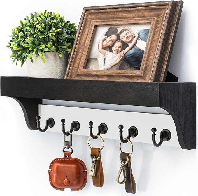 Rebee Vision Key Holder Wall Mount with Shelf - Decorative 2-Color Key Rack with 5 Rustic Key Hooks and Primitive Wood Mail Organizer Wall Mount - Modern Farmhouse Entryway Decor (Black & White)-Ruum Studio Home